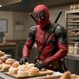 film still of Deadpool working in a bakery in the new Deadpool movie, 4k