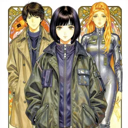 a copic maker manga illustration by yoshiyuki sadamoto and lois van baarle and alphonse mucha of a japanese girl highly detailed eyes wearing streetwear anorak and a pilot suit lots of zippers, pockets, synthetic materials, by issey miyake and balenciaga 8 k