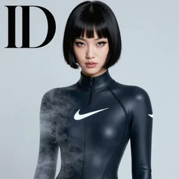 raven, youthful asian blade runner demure, 3 5 mm, exquisite features, feminine cut, pris mascara, nike neoprene suit, misty, stephane sednaoui, id magazine photoshoot