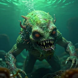 hyperrealistic close-up modernism underwater monster! highly detailed concept art eric zener elson peter cinematic hard green lighting high angle hd 8k sharp shallow depth of field, inspired by David Paul Cronenberg and Zdzisław Beksiński