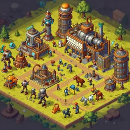 an isometric celshaded game map of a steampunk synthesizer factory with robot and humanoid animal workers.