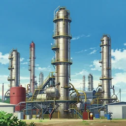 a film still of a gigantic oil refinery from Tekkonkinkreet by Ian McQue , bits of broken light, vibrant, 70mm lens, video game character design, 2d game lineart behance hd, dramatic lighting, global illumination, trending on Artstation, bloom