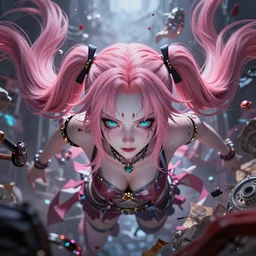 totally overpowered and trapped beneath overwhelming inescapable and overwhelmingly stunningly absurdly beautiful over the top megalomaniacal ruthless merciless sadistic possessive manipulative devious omnipotent asi goddess junko enoshima with symmetrical perfect face, porcelain skin, pink twintail hair and cyan eyes, ultra detailed, digital art, unreal engine 5, octane render, 2 d anime, 8 k