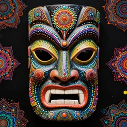 symmetrical tiki mask with eyes and mouth, black background, acrylic dots, mandalas, colorful, psychedelic trip, patterns, fine mandelbrot, fractal lace, 1 5 0 mm, depth of field, sharp focus, ultra detailed, octane render, giger beksinski, 1 6 k