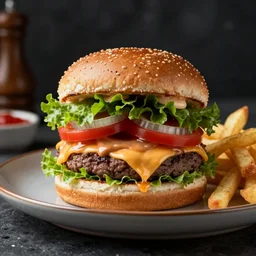 a gourmet hamburger with lettus, tomatoes, onions, sauce and cheese on a plate with fries. Hyperrealistic, food photography, focal point, focus, background blur, dark, realistic, detailed, lighting, cinematic, 8k