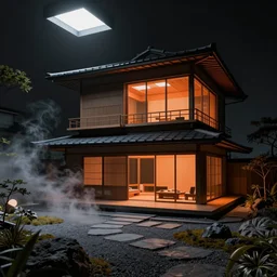 photo of the exterior of a futuristic japanese house with traditional japanese garden, dramatic lighting, smoke, ceiling fluorescent lighting, black and orange colour palette, wide shot, octane render