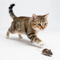 a photo of a cat chasing a mouse, professional photograph