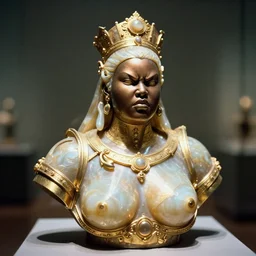 iridescent tanslucent onyx and gold bust of angry futuristic obese cybernetic black girl empress, museum piece, 3 5 mm film photograph