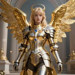 Angel knight girl in golden and silver armor adorned with sapphire gems on Neoclassical city, artstation trending, cinematic, highly detailded