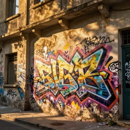graffiti on a wall in an old building, happy mood, cyberpunk, futuristic, neon, high detail, golden light, realistic