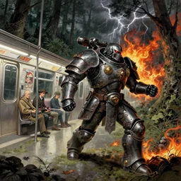 runs away from men on the subway and forest, composition gothic and futuristic, warhammer, cyber japan armor, more scars, fire storm, thunderstorm, the middle ages, highly detailed, artstation, moebius, jugendstil and classic japanese print, art rene magritte and robert mccall