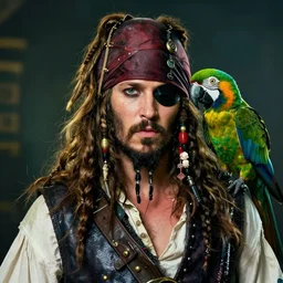 a pirate Putin with a long black beard and an eye-patch and a parrot on his shoulder, portrait