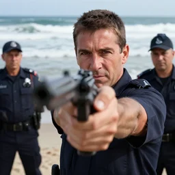 closeup portrait of of police arresting sea waves at beach, sea at gunpoint. photograph, world press photo, natural light, sharp, detailed face, magazine, press, photo. steve mccurry, david lazar, canon, nikon, focus