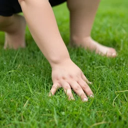 midground shot of a fat person touching grass