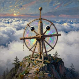 shy mountain summit taking a peek through the clouds, fog, with curious eyes. old wooden antigravitational archaic yarn spindle fork. iridescence glowing. painting by yves tanguy, felix vallotton, rene magritte, max ernst, monet