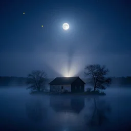 old house in the middle of the lake, fog, moon rays through the fog, night sky, yellow stars, deep blue mood, by stanley kubrick