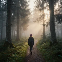 magic carpathian forest at dawn filled with the gentle rays of the sun in a misty morning haze. alpine miracle available to anyone who at the dawn take a walk after the rain. woman