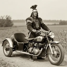 portrait of Iroquois warrior standing next to his ancient motorbike chariot, vintage old photography, realistic, sepia