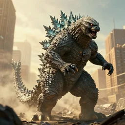 godzilla rampaging through the heart of new york city, top down, 4 k, highly detailed, golden hour