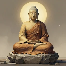 a meditating android monk sitting on a stone, visionary art style,