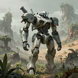 robotic mechas in highly detailed alien planet with lush vegetation, deserts and mountains, desaturated, fog, mystical, artgerm, cgsociety