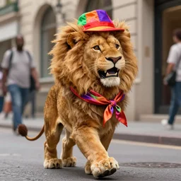 An anthro anthropomorphic lion wearing a brightly coloured hat and silk scarf, proudly walking down the street, happy, joyful, in the style of Arthur Thiele