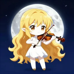 chibi, cute, female, full body, elf girl with white skin and golden long wavy hair, holding a violin and playing a song, stunning art style, filters applied, lunar time, night sky, trending art, sharp focus, centered, landscape shot, fate zero, simple background, studio ghibly makoto shinkai yuji yamaguchi, by wlop