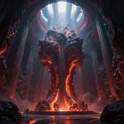 entropia of universe epic cinematic massive fractal megastructure in the temple monumental architecture lava textures on the walls : big light rays from the windows : hyper realism : dark energy : unreal engine 5 : ue 5 : hyper realistic render : artstation : greg rutkowski : loish : ferdinand knab