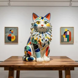 beautiful gallery show studio photograph of a giant colorful ceramic sculpture of a fluffy cat, glazed by bridget riley and victor vasarely, placed on a polished wooden table, hyperrealism 8 k trending on artstation