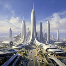 ground view of a utopia future city. style by syd mead and eyvind earle.