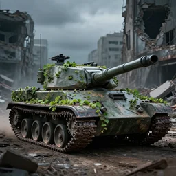 vine covered sci - fi battle tank in a destroyed city, moody lighting, 8 k, shallow depth of field, cinematic lighting,