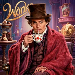 Johnny Depp is covered in a blanket and drinking tea in Willy Wonka's Chocolate Factory, Illustration, Colorful, insanely detailed and intricate, super detailed, by mbsjq