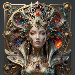 artstation futuristic 3 d model of hyper - detailed beautiful groovypunk queen of fractal magma in full regal attire. face portrait. art nouveau!!!, visionary, baroque, giant fractal details. horizontal symmetry by zdzisław beksinski, iris van herpen, raymond swanland and alphonse mucha. hyper - real, beautiful