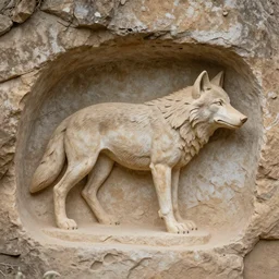 wolf carved in a cave by a prehistorical human, old