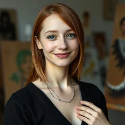 a portrait photograph of a smug young woman painter in her studio, wearing a black dress and silver necklace, straight copper hair, dof, sharp focus, slight smile, pale, highly detailed face, symmetric face, 4 k, cinestill 8 0 0 t, exif, raw, photography by andreas franke
