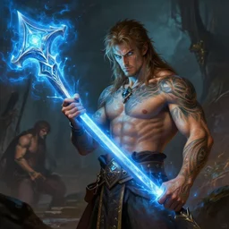 handsome tattooed gym bro cleric spirit weapon magic spell vfx, diagonal spell vfx, fantasy game spell, fantasy epic painting by greg rutkowski, gaston bussiere, craig mullins, j. c. leyendecker, tom of finland