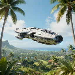 a protoss spaceship flying over a hawaii landscape filled of palm trees. artstation, unreal engine 5, 4 k, ultra detailed