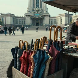 close view of a market stall. folded umbrellas for sale on the stall. set in a square. background of an old soviet monument. storyboard, scifi cyberpunk. by gabriel hardman, joe alves, chris bonura. cinematic atmosphere, detailed and intricate, perfect anatomy