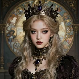 beautiful and luxury and victorian and gothic and dieselpunk young medieval dark crown princess portrait like blackpink lisa + smoky eyes + light flowing hair, ultradetail face, art and illustration by tian zi and wlop and alphonse mucha, fantasy, intricate complexity, world concept, blurry