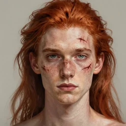 portrait of a thin young man with long red hair, a big scars, big gash scratch on face, freckles on his face, intricate, elegant, highly detailed, digital painting, artstation, concept art, sharp focus, illustration, art by aleksi briclot, rutkowski