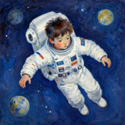 chinese boy floating in outer space, impressionist art