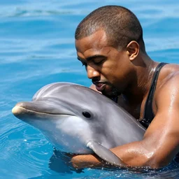 close up shot of kanye west saving a dolphin. photography, photographic