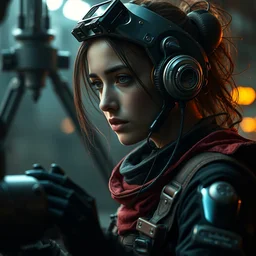 a rugged engineer jessica alba girl with cybernetic enhancements working assembling a satellite, scifi character portrait by greg rutkowski, esuthio, craig mullins, 1 / 4 headshot, cinematic lighting, dystopian scifi gear, gloomy, profile picture, mechanical, half robot, implants, steampunk