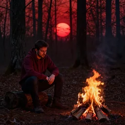 A photo of a man in a dark red hoodie sitting next to a campfire in a dark red forest, red sun in the background