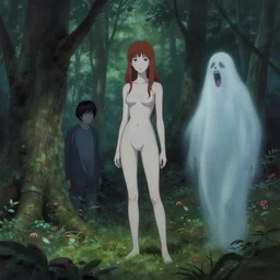 in the style of audrey kawasaki, thomas kinkade, shinsui ito, artgerm, transparent ghost screaming, full body, in the woods, moody lighting