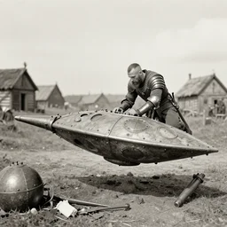 viking in war armor working on the flying ancient device, tools and junk on the ground, old village in the distance, vintage old photo, black and white, sepia