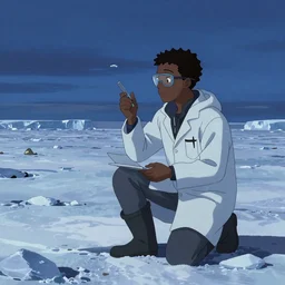 Black geoscientist exploring the landscape of Antarctica, ambient lighting, 4k, anime key visual, lois van baarle, ilya kuvshinov, rossdraws, artstation