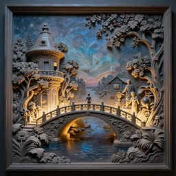 3 d high relief painting of fairyland bridge, outside of time and space, dreamy, romantic, night lighting, gorgeous lighting, well lit, backlit, dramatic cinematic lighting, intricate, highly detailed, octane render, 8 k