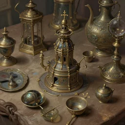 a table of trinkets, deep focus, intricate, highly detailed, digital painting, artstation, concept art, matte, sharp focus, illustration, art by artgerm and greg rutkowski