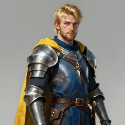 a rugged young knight with blonde hair and blue eyes and a short beard and a scar under his left eye wearing a blue shirt steel pauldrons and a yellow cape and leather boots by Tony Sart, realistic, highlyt detailed, masterpiece, ArtStation